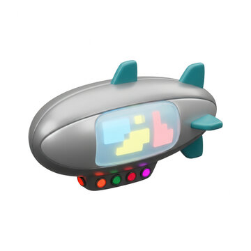 Un dirigeable futuriste stylis&eacute; en 3D avec une carrosserie argent&eacute;e, des ailerons turquoise et un &eacute;cran lat&eacute;ral affichant des formes g&eacute;om&eacute;triques color&eacute;es, isol&eacute; sur un fond blanc pur pour le design.