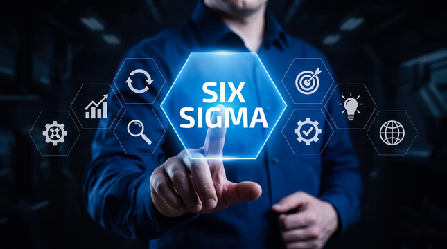 A businessman touching a virtual screen with the text six sigma and various business icons