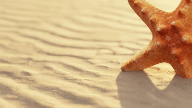 A bright orange starfish rests on a sandy beach. The sun creates shadows and patterns in the sand around the starfish. The scene is simple and natural.