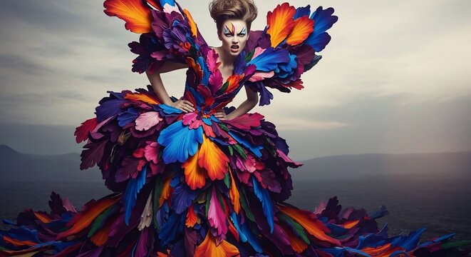 Woman feather dress fashion portrait