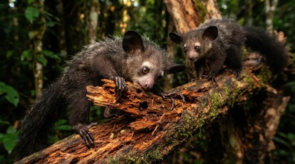 Fototapeta premium Two aye-ayes perched on a mossy tree branch in a lush rainforest environment