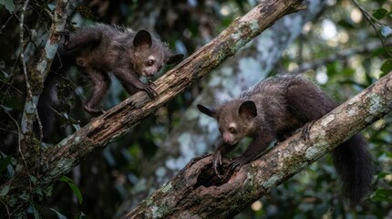 Fototapeta premium Two aye-ayes navigate branches in a lush, green Madagascan rainforest habitat