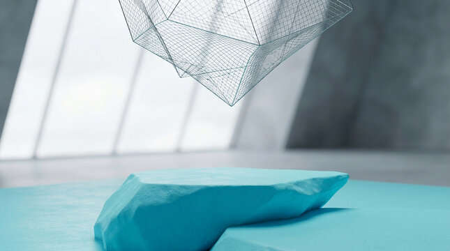 Low-angle view of a neon cyan smooth plaster asymmetrical rock podium placed beneath a suspended geometric mesh under cloudy daylight.