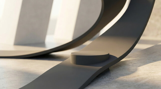 Diagonal angle of a charcoal grey matte ceramic cylinder podium accompanied by sweeping ribbon-like structural forms under morning sun.