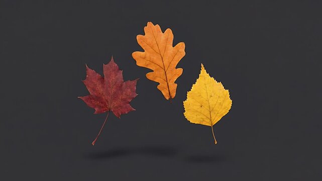 Autumn leaves rotating and floating in midair on dark background