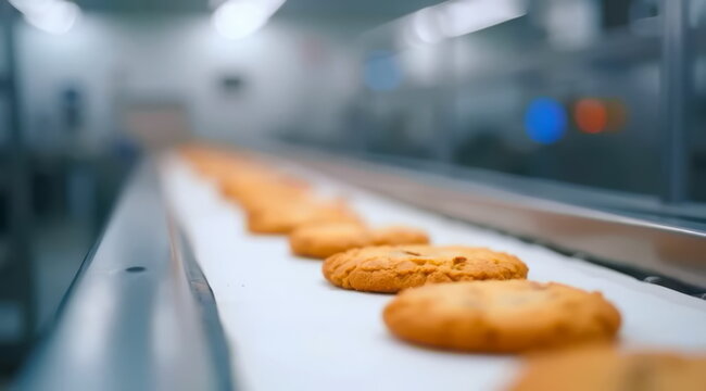 Round oatmeal cookies move in a row on a conveyor belt at a factory.