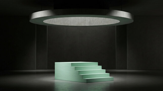 Dramatic low-angle view of a mint green wood minimalist stairs podium positioned beneath a massive hovering concrete disc under moody light.