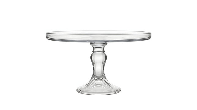 Empty glass cake stand isolated on white background for dessert display and food photography