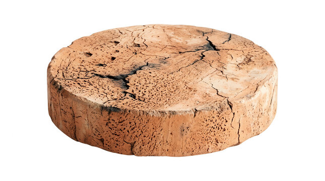 Un disque de bois naturel brut en forme de rondin avec une &eacute;corce textur&eacute;e et des fissures marqu&eacute;es, pr&eacute;sent&eacute; sur un fond blanc pur, id&eacute;al pour la d&eacute;coration rustique ou la pr&eacute;sentation de produits.