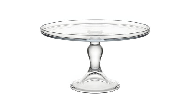 Empty glass cake stand on a white background for dessert presentation and food photography.