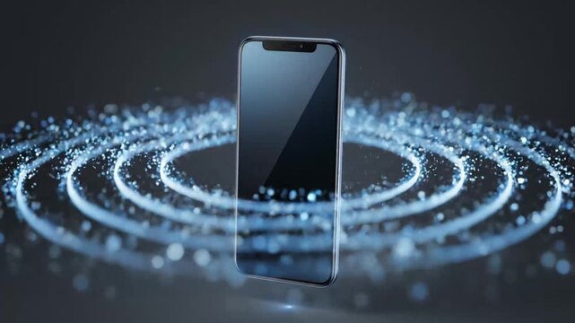 Vertical modern smartphone surrounded by blue particle rings for mobile telecom ad campaigns