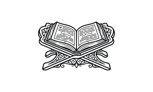 Minimalist black and white line art illustration of an open Quran on an ornate wooden rehal stand isolated on a white background