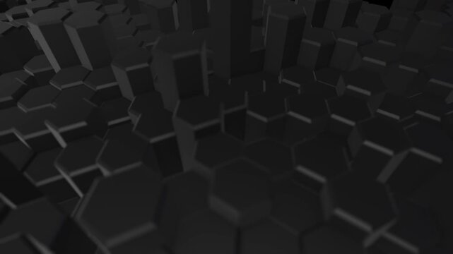 Dark 3D abstract honeycomb landscape with numerous black hexagonal blocks rising at different heights