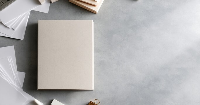 Blank book with supplies on desk