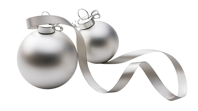 Two matte silver Christmas baubles with a flowing silk ribbon