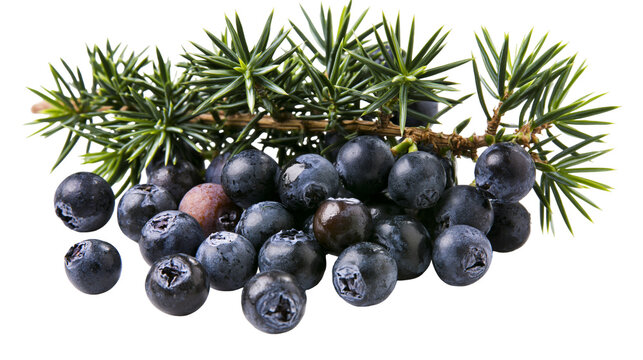 Fresh dark blue juniper berries with green needle branches