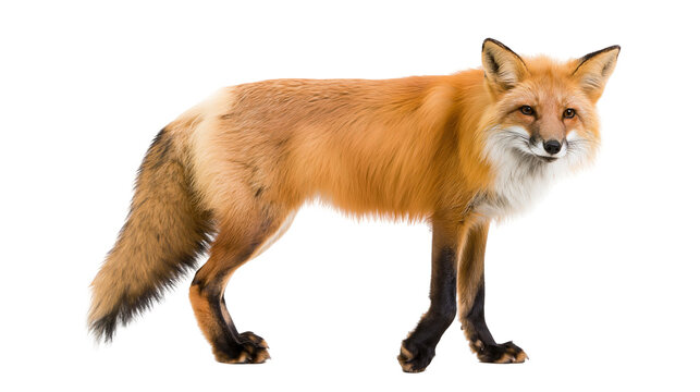 Full body side view of a standing red fox with thick orange fur and black legs
