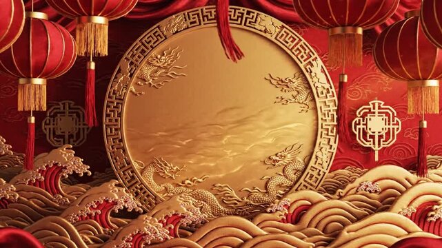 Red and gold Chinese background with lanterns and dragon motifs