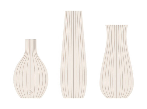 Ensemble de trois vases d&eacute;coratifs en c&eacute;ramique de couleur cr&egrave;me avec une texture stri&eacute;e verticale &eacute;l&eacute;gante, pr&eacute;sent&eacute;s sur un fond blanc pur pour un design d'int&eacute;rieur minimaliste et moderne.