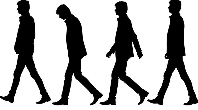 Four men walking in a row black silhouettes