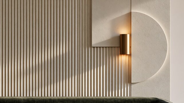 Modern interior wall design with vertical ridges, geometric accents and warm lighting