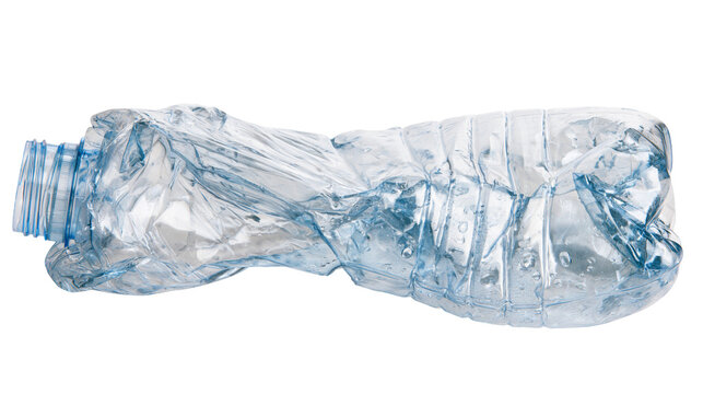Crushed empty clear plastic water bottle with screw cap