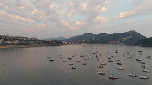 Aerial Drone Shot San Sebasti&aacute;n La Concha Bay With Boats Spain