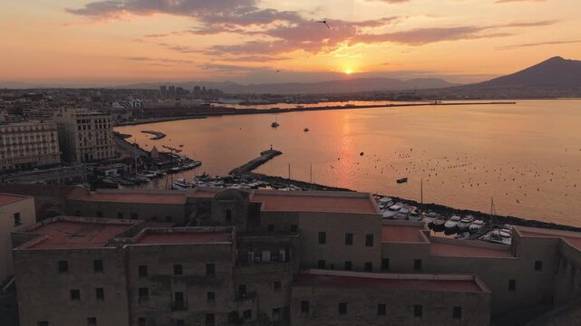 Spectacular Sunrise Drone Over Castel Dell Ovo Naples Italy Harbor Vesuvius