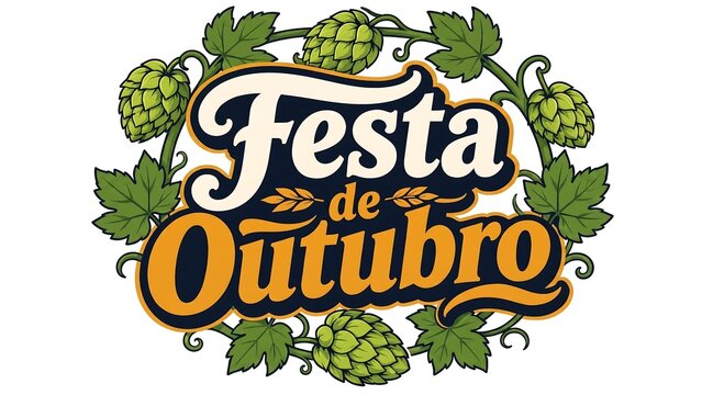 Festa De Outubro Typography Label Surrounded By Green Hops Plant For Seasonal Brazilian Beer Festival Promotion