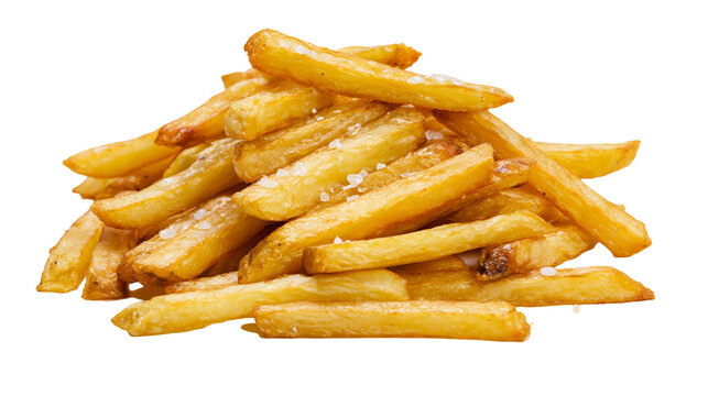 Golden crispy deep fried potato french fries with coarse sea salt crystals