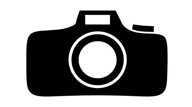 Black silhouette icon of a digital camera with a prominent lens and shutter button