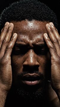 A Powerful Moment of Introspection: Exploring Emotion and Strain through Expressive Hands on Forehead in a Dramatic Close-Up Capture
