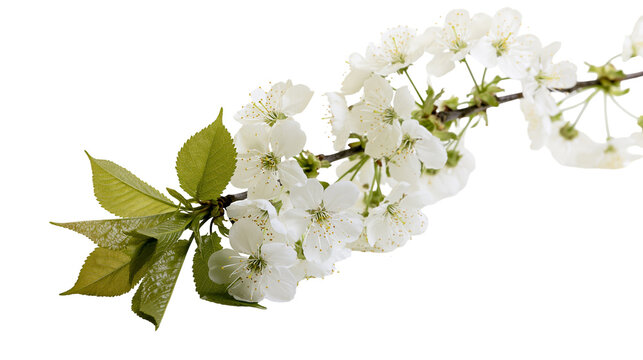 Blooming cherry tree branch with white flowers and green leaves