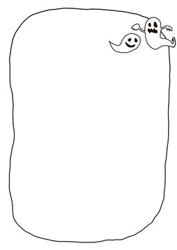 Hand drawn Halloween ghost frame line art, vertical A4 outline border with two cute cartoon ghosts, transparent background for overlay use