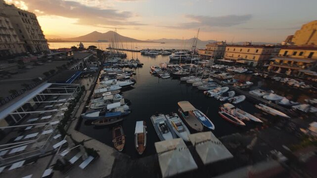 FPV Sunrise Drone Over Boats Naples Harbor Castel Dell Ovo Vesuvius