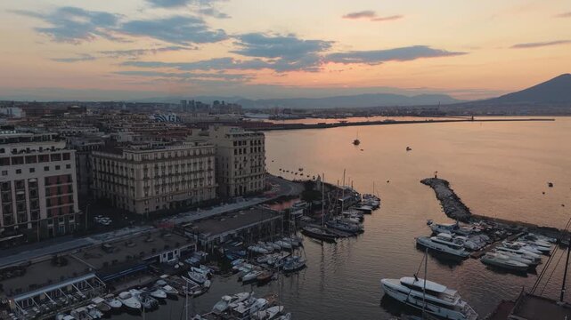Aerial Drone Shot Over Castel Dell Ovo Naples Italy Harbor