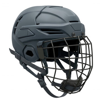 Un casque de hockey sur glace professionnel de couleur gris mat, &eacute;quip&eacute; d'une grille de protection faciale en m&eacute;tal noir, pr&eacute;sent&eacute; sous un angle lat&eacute;ral sur un fond blanc pur pour un usage