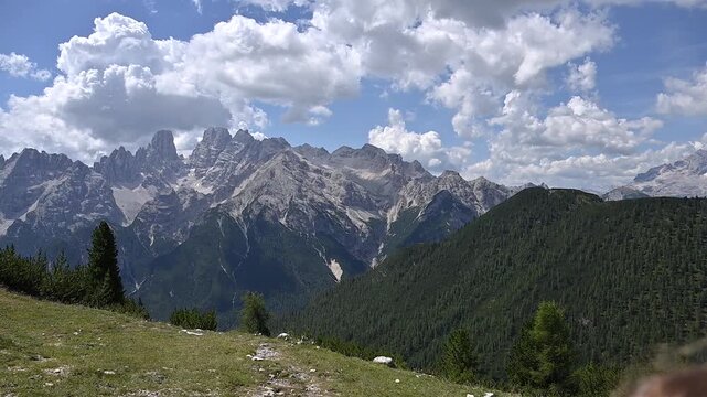 Iconic, dreamlike Dolomites. The Sesto Dolomites, between Monte Cristallo and the Tre Cime di Lavaredo in summer. With hiking and climbing.