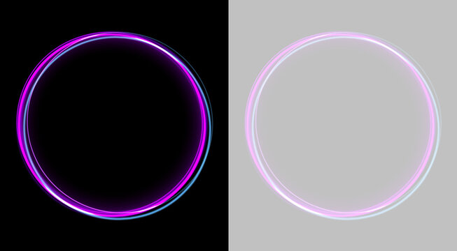 Two neon rings emit vibrant purple and blue glows on a black background. The luminous circles have a soft, smooth gradient with a subtle inner haze. This futuristic composition is ideal for.