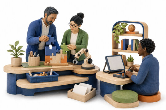 Diverse creative team collaborates with wooden puzzle pieces and robotic arm to design innovative manufacturing solutions in modern craft workshop.