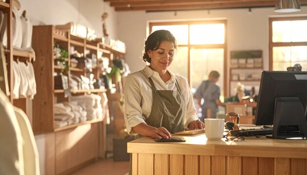 Smiling female store owner working at the cash register in a cozy retail shop with shopkeeper checkout business commerce