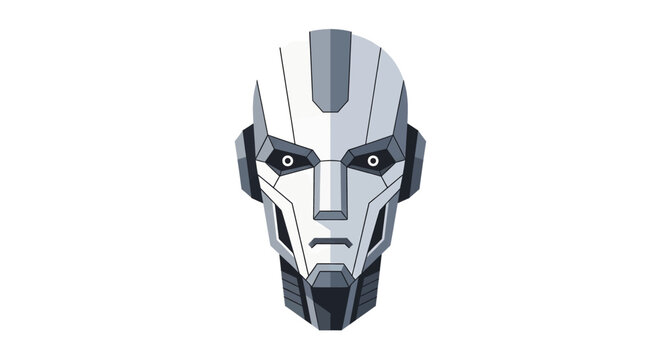 Detailed illustration of a futuristic white and grey robot head with geometric features.