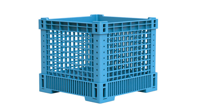 Blue plastic storage crate with grid pattern and reinforced corners