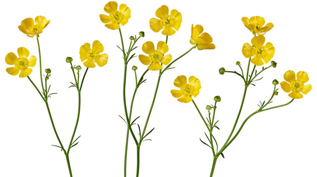 Bright yellow buttercup flowers with green stems and buds
