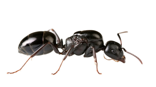 Shiny black carpenter ant with segmented body and antennae