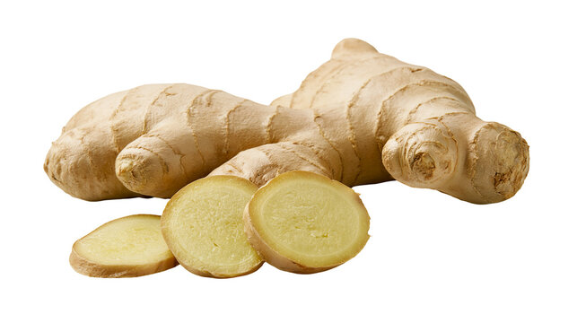 Fresh raw ginger root with sliced pieces showing fibrous texture