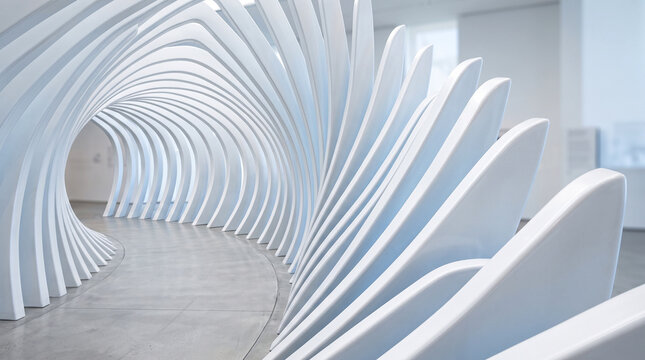 abstract architecture backgrounAbstract 3D render of white curved parametric lines forming a wavy architectural structure against a blue sky. Minimalistd