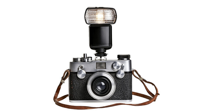 Vintage silver rangefinder camera with attached electronic flash and leather strap