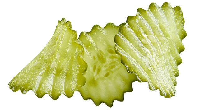 Crinkle cut sliced green cucumber pickles with wavy edges