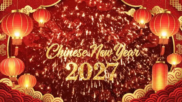 Red and gold Chinese New Year greeting with lanterns